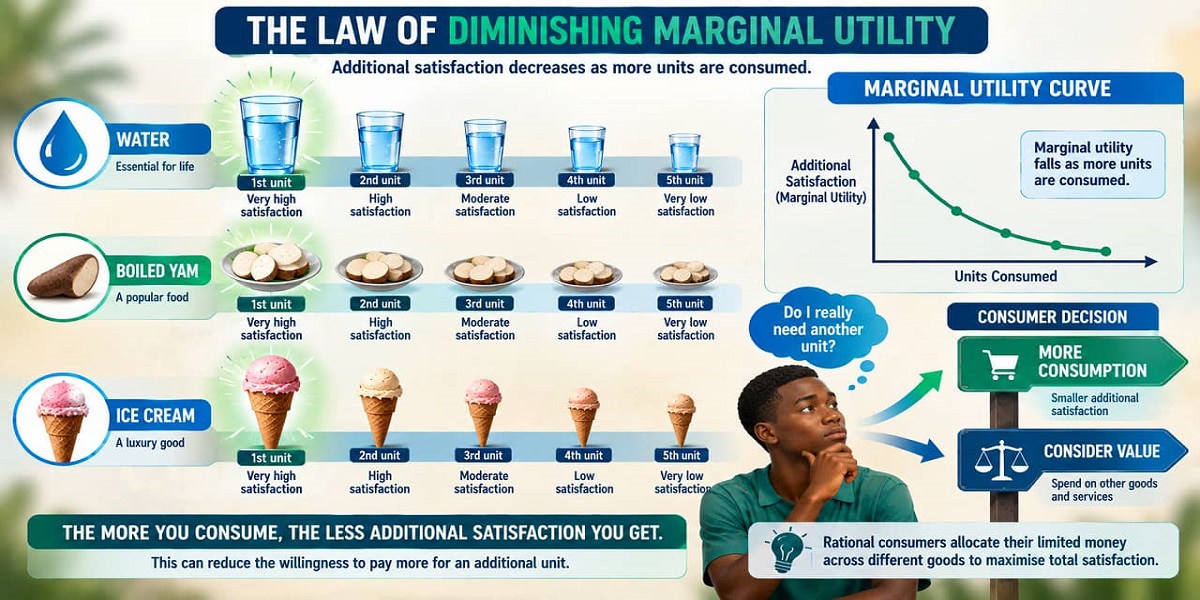 SHS 1 Economics learners demonstrating diminishing marginal utility through successive glasses of water.