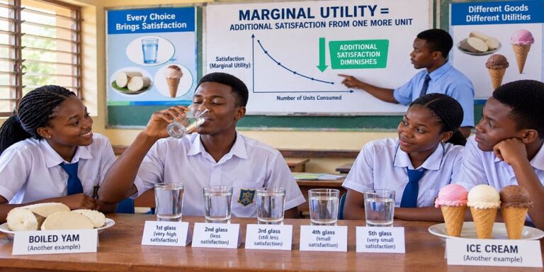SHS 1 Economics learners demonstrating diminishing marginal utility through successive glasses of water.
