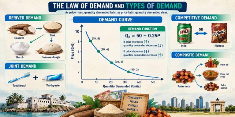 SHS 1 Economics learners studying the downward-sloping demand curve and four types of demand.