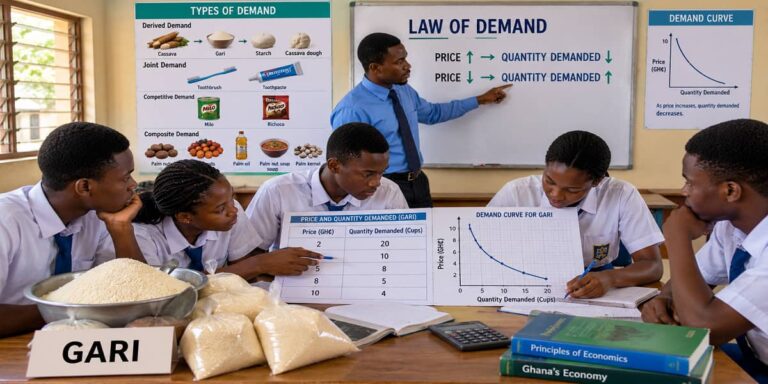 SHS 1 Economics learners studying the downward-sloping demand curve and four types of demand.