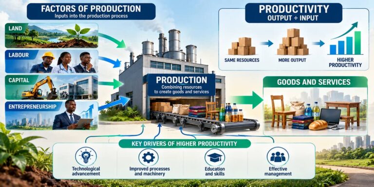 SHS 1 Economics illustration showing production and productivity through efficient use of resources to create output.