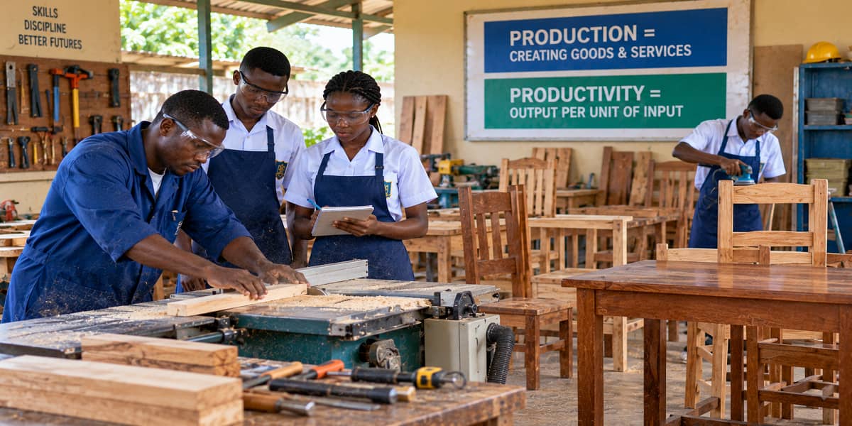SHS 1 Economics illustration showing production and productivity through efficient use of resources to create output.
