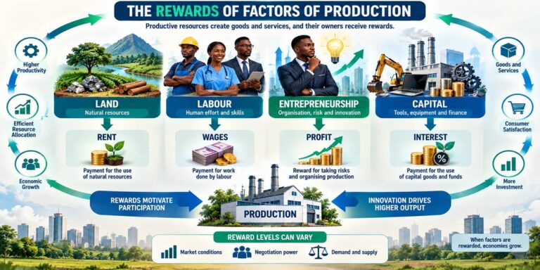 SHS 1 Economics illustration showing rent, wages, interest and profit as rewards of factors of production.