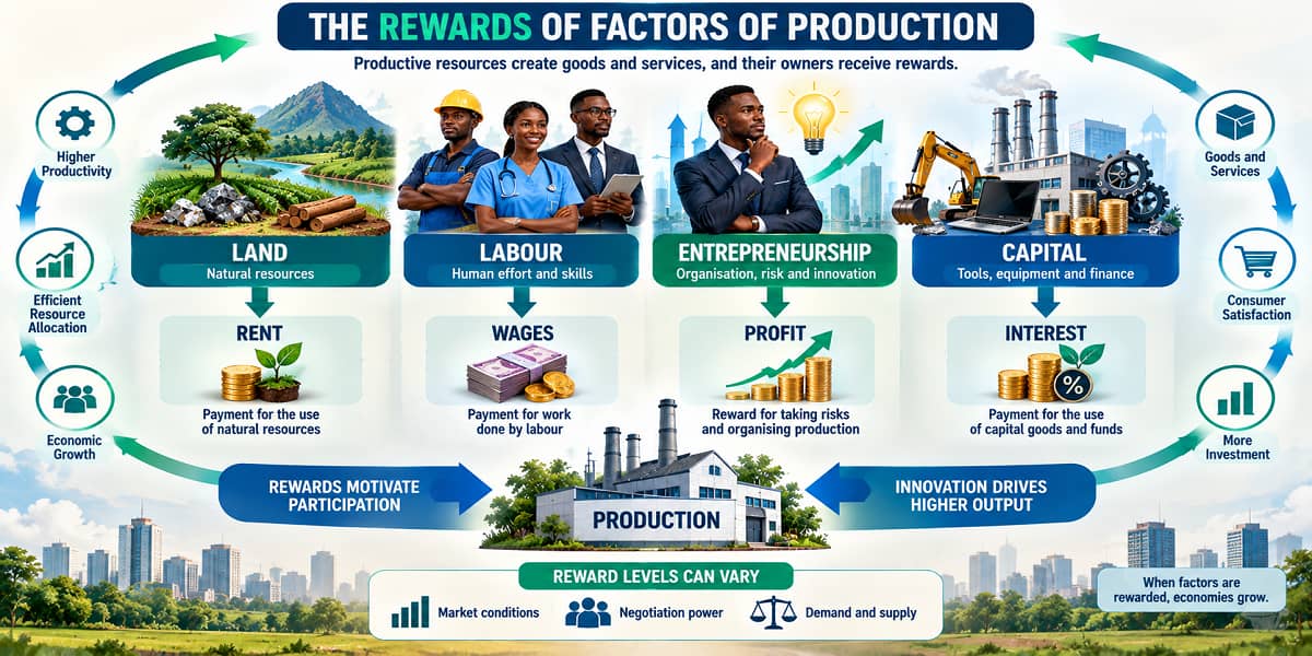 SHS 1 Economics illustration showing rent, wages, interest and profit as rewards of factors of production.