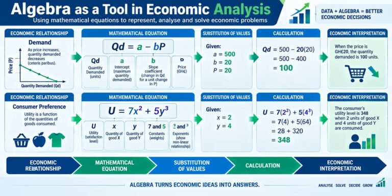 SHS 2 Economics illustration showing demand and utility functions being solved using algebra.