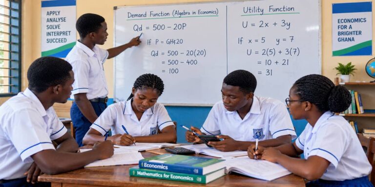 SHS 2 Economics illustration showing demand and utility functions being solved using algebra.