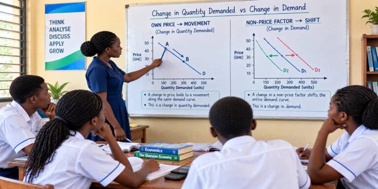 SHS 2 Economics illustration comparing movement along a demand curve with a shift in demand.