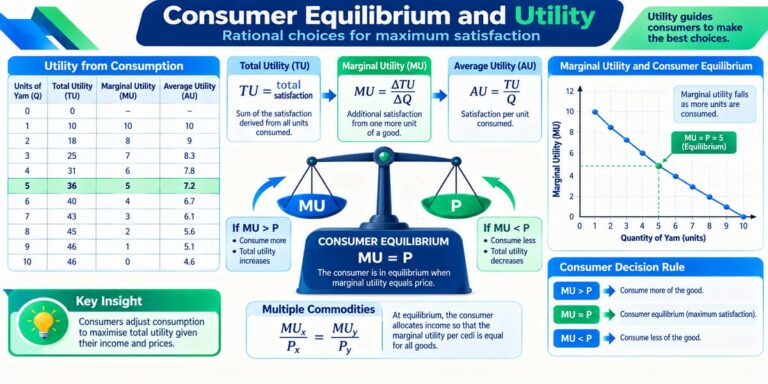 SHS 2 Economics visual showing total utility, marginal utility, average utility and consumer equilibrium.