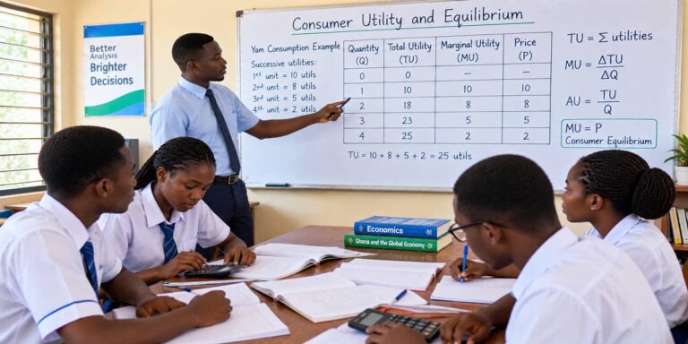 SHS 2 Economics visual showing total utility, marginal utility, average utility and consumer equilibrium.
