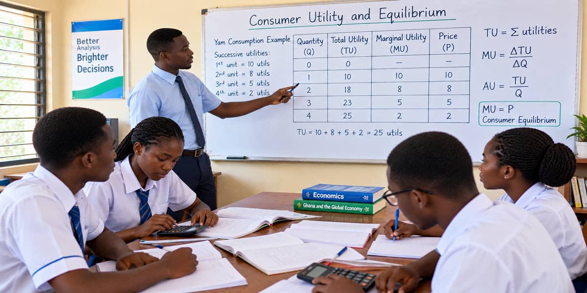 SHS 2 Economics visual showing total utility, marginal utility, average utility and consumer equilibrium.