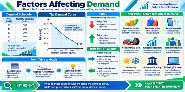 SHS 2 Economics visual showing price, income, preferences and other factors affecting demand.