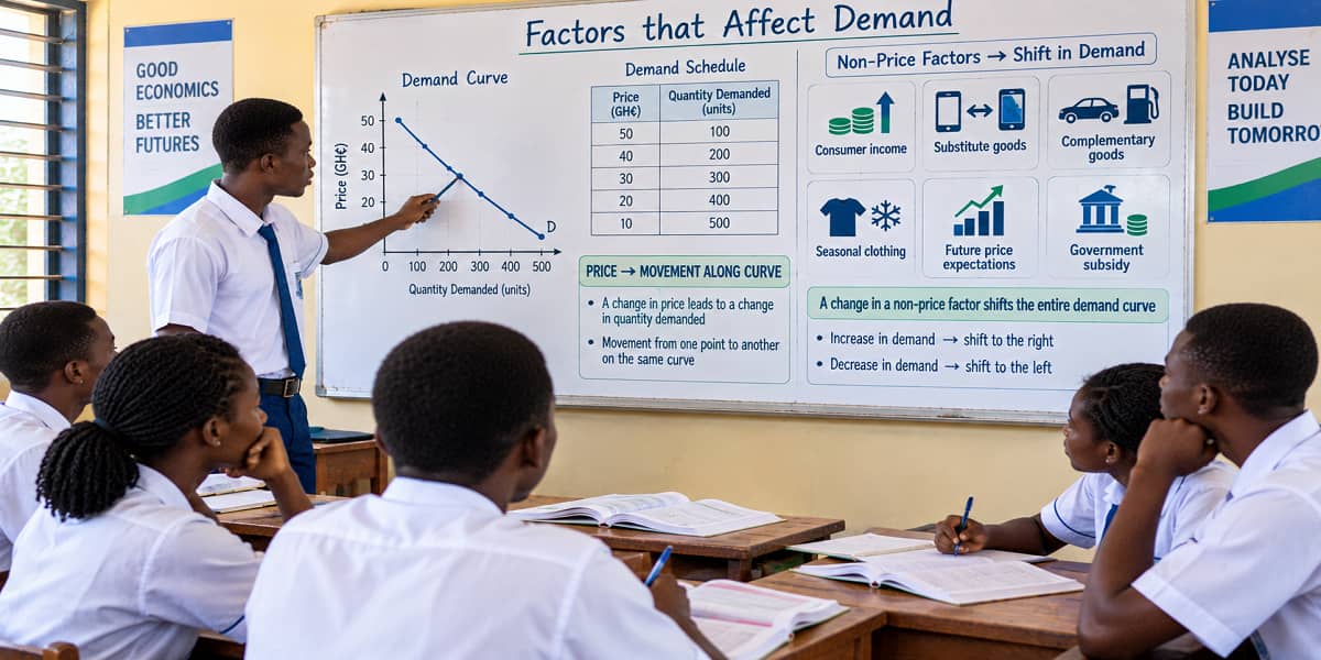 SHS 2 Economics visual showing price, income, preferences and other factors affecting demand.