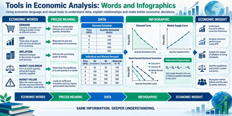 SHS 2 Economics visual showing economic terms, demand data and infographics used for economic analysis.