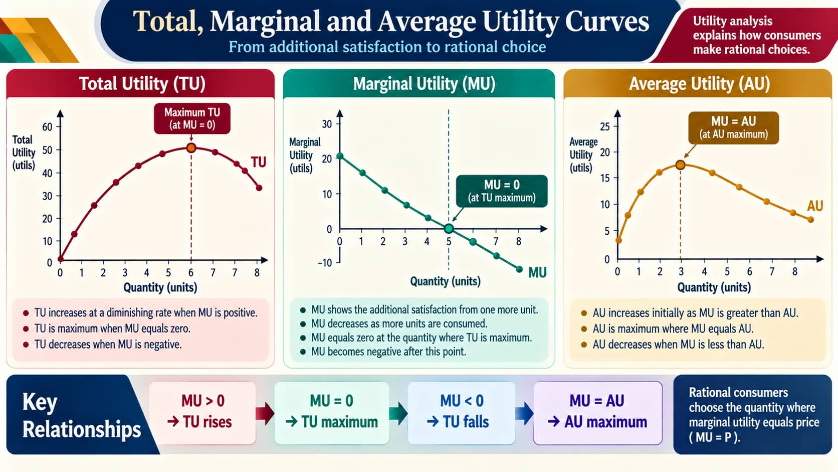 SHS 2 Economics diagram showing Total Utility, Marginal Utility and Average Utility curves and their relationships.