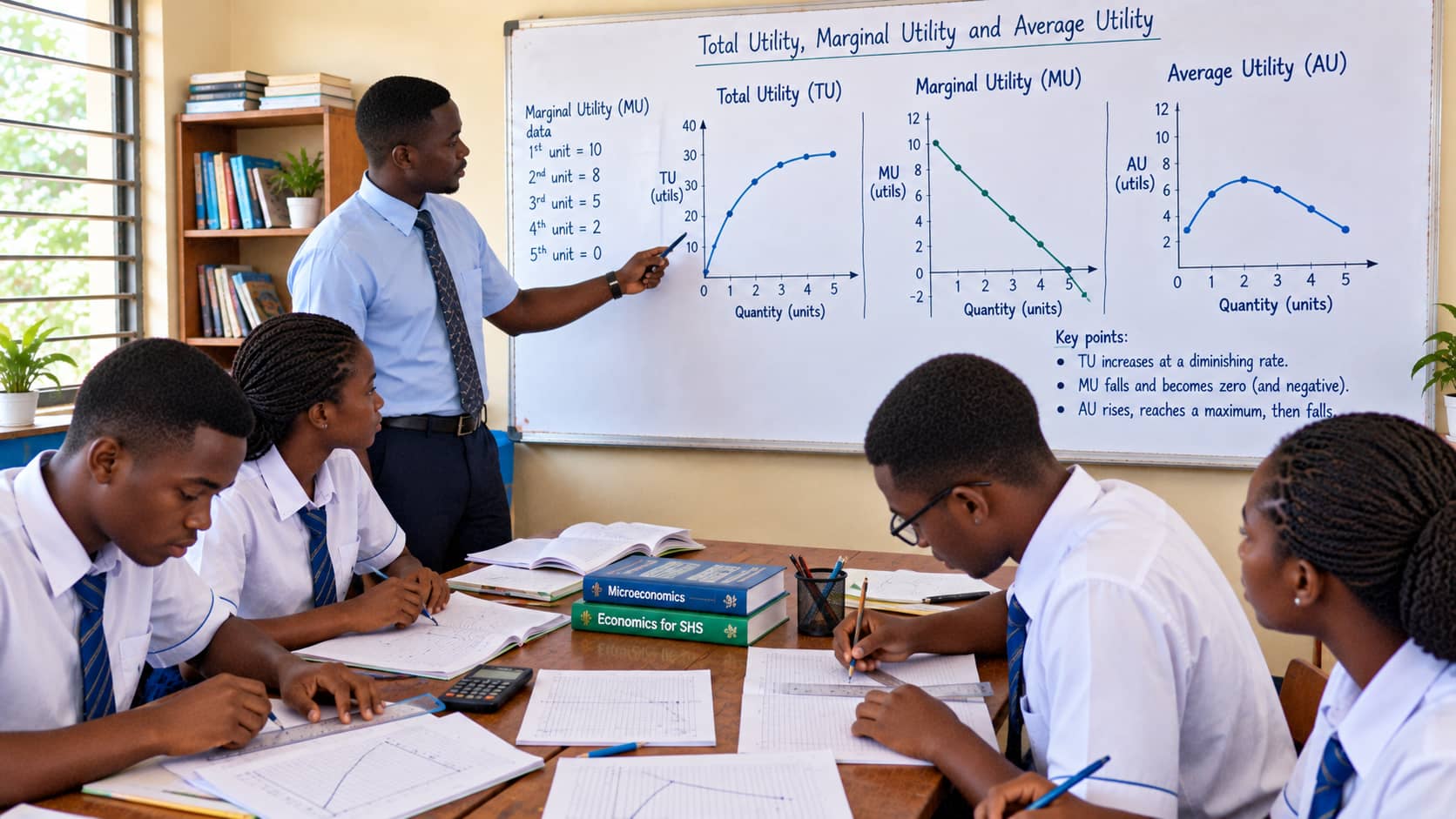 SHS 2 Economics diagram showing Total Utility, Marginal Utility and Average Utility curves and their relationships.